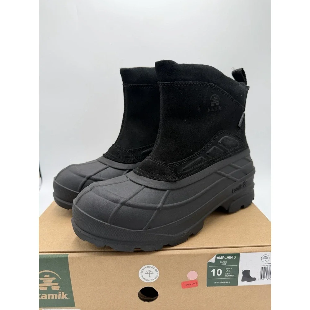 Kamik Champlain 3 Men's Snow Boot Size 10 New Black Insulated to -40F WP Pull-on
